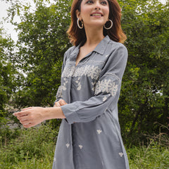 Gulmohar Jaipur Rayon Hip Length Solid 3/4 Sleeve Shirt Collar Straight Top