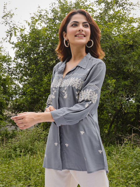 Gulmohar Jaipur Rayon Hip Length Solid 3/4 Sleeve Shirt Collar Straight Top