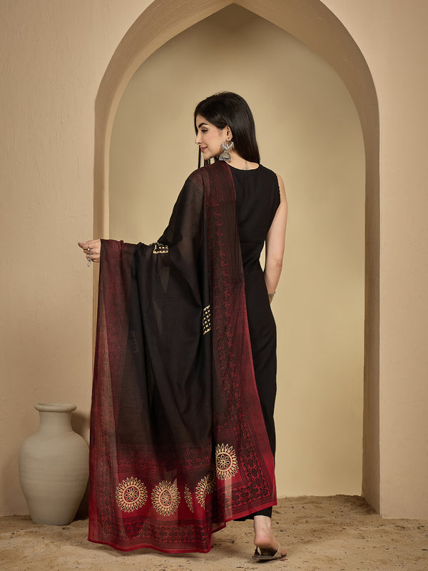 Gulmohar Jaipur Rayon Calf Length Solid Sleeveless V-Neck Straight Kurta Suit Set