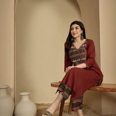 Gulmohar Jaipur Rayon Calf Length Solid 3/4 Sleeves V-Neck Straight Kurta Suit Set