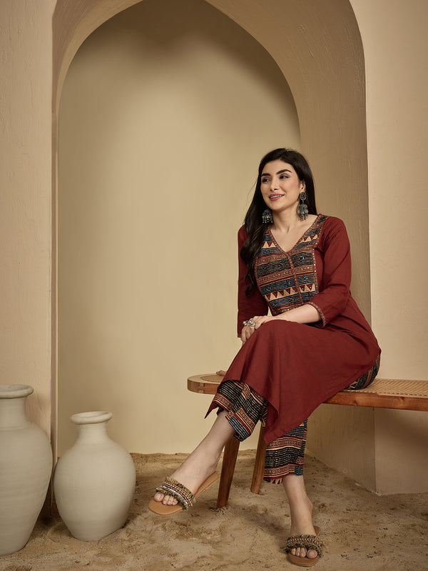 Gulmohar Jaipur Rayon Calf Length Solid 3/4 Sleeves V-Neck Straight Kurta Suit Set