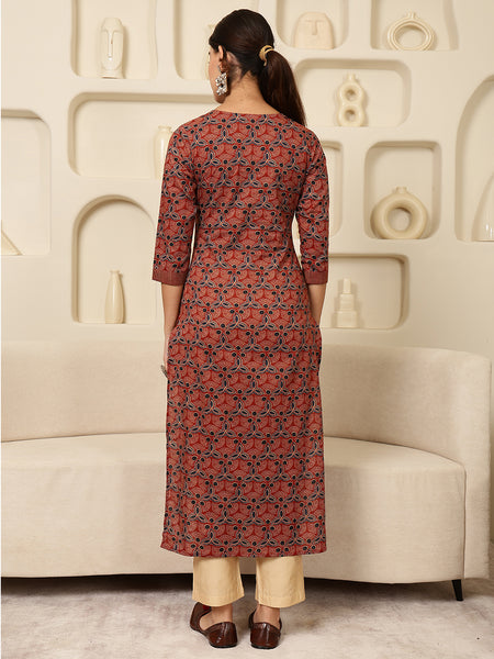 Maroon Rayon Calf Length Printed V-Neck Straight Kurta