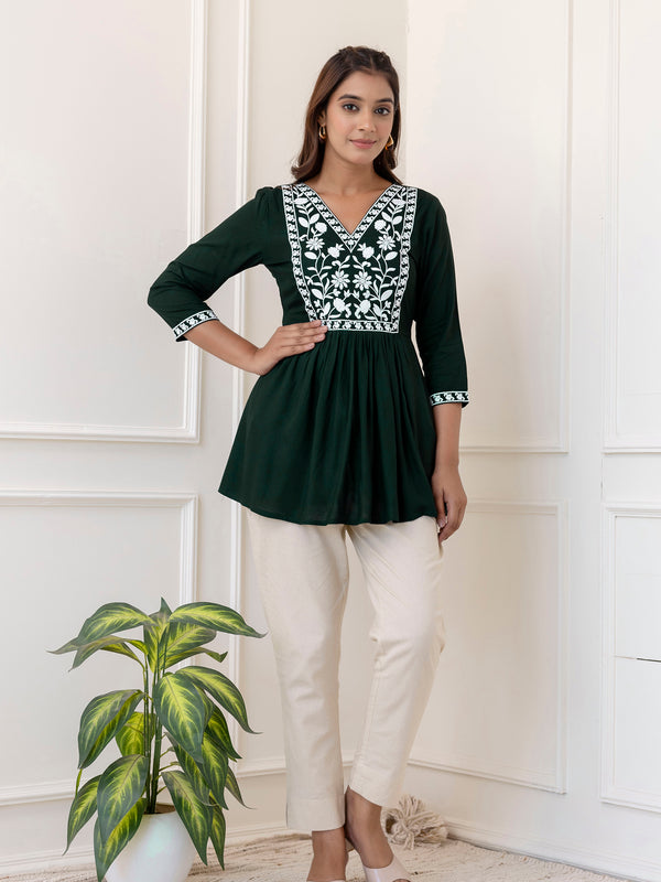 Bottle Green Rayon Hip Length Solid V-Neck Solid Embroidered Semi-Flared Top