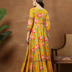 Cotton Ankle Length Printed 3/4 Sleeves V-Neck Flared Kurta