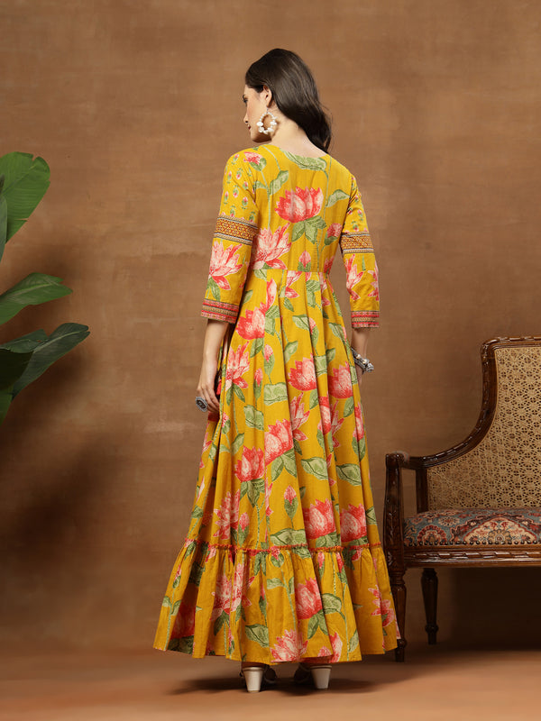 Cotton Ankle Length Printed 3/4 Sleeves V-Neck Flared Kurta