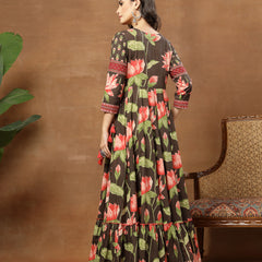 Cotton Ankle Length Printed 3/4 Sleeves V-Neck Flared Kurta