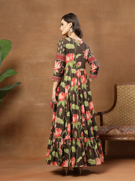 Cotton Ankle Length Printed 3/4 Sleeves V-Neck Flared Kurta