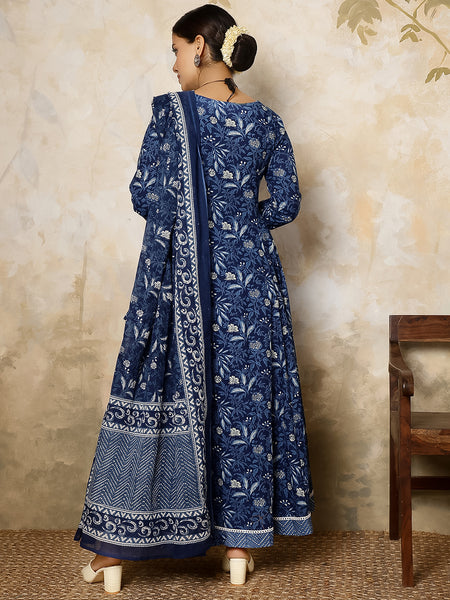Indigo Cotton Calf Length Printed Flared V-Neck Kurta Suit Set