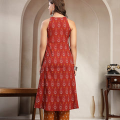 Cotton Calf Length Printed Sleeveless Round Neck Flared Kurta Suit Set