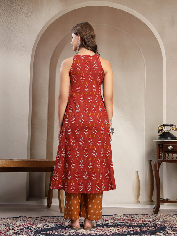 Cotton Calf Length Printed Sleeveless Round Neck Flared Kurta Suit Set