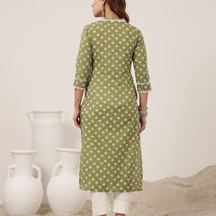 Cotton Calf Length Printed 3/4 Sleeve V-Neck Straight Kurta
