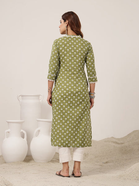 Cotton Calf Length Printed 3/4 Sleeve V-Neck Straight Kurta