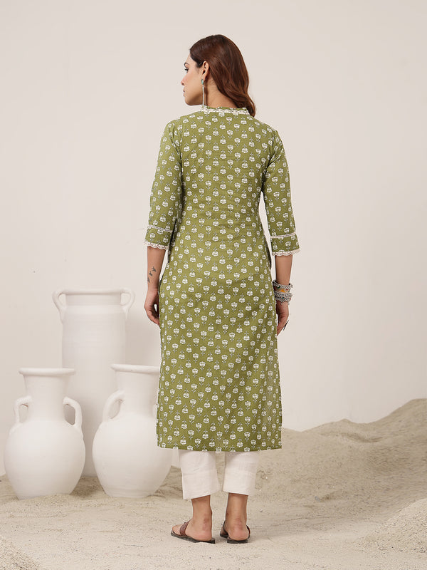 Cotton Calf Length Printed 3/4 Sleeve V-Neck Straight Kurta
