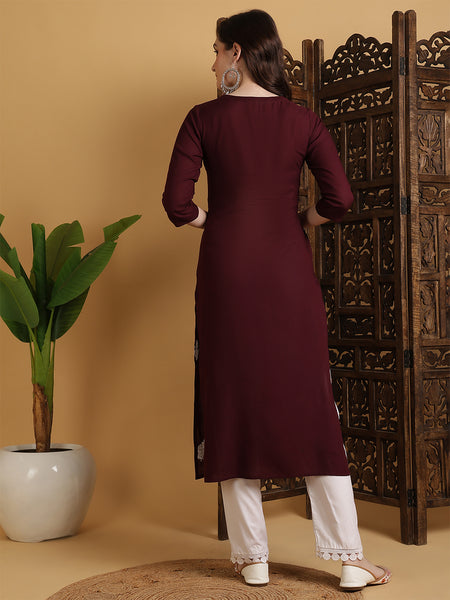 Wine Rayon Embroidered Calf Length Solid Straight Round Neck Kurta