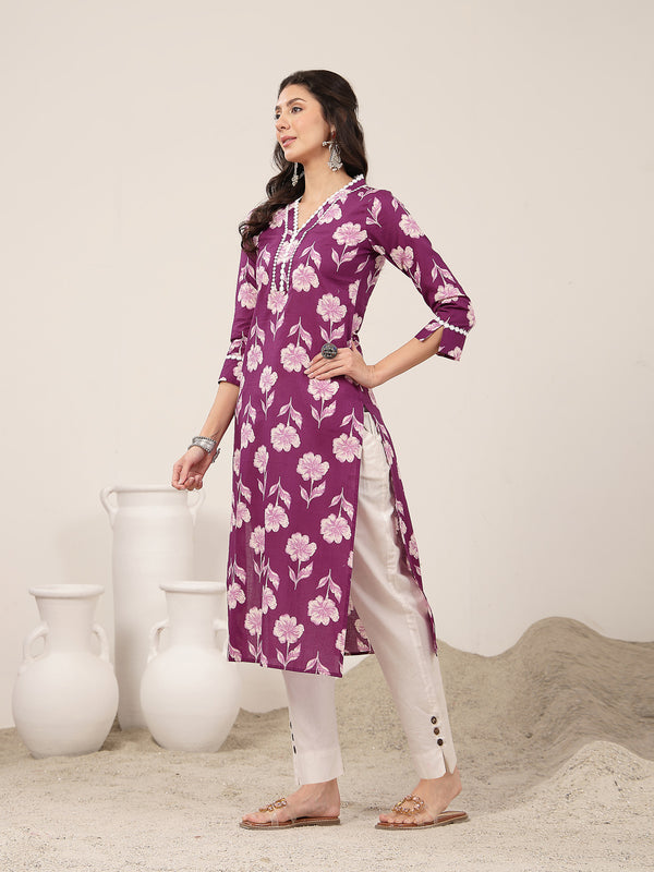 Gulmohar Jaipur Cotton Calf Length Printed 3/4 Sleeves V-Neck Anarkali Kurta Suit Set