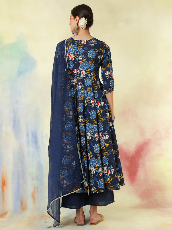 Black Pure Cotton Printed hand-Work Anarkali Kurta Suit Set
