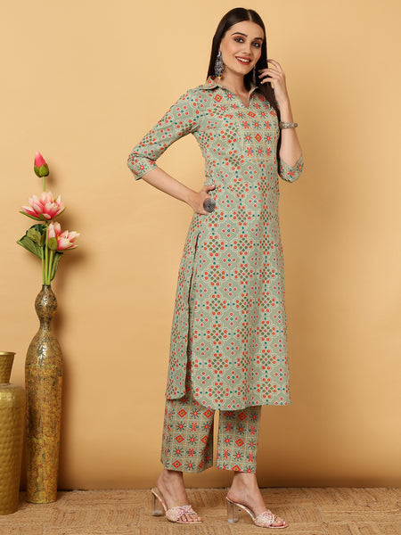 Rayon Calf Length Straight Shirt Coller Kurta Palazzo Set