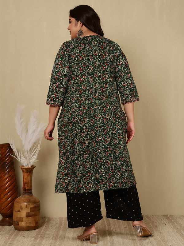 Cotton Calf Length Printed Straight 3/4 Sleeves Round Kurta Suit Set (Plus+)