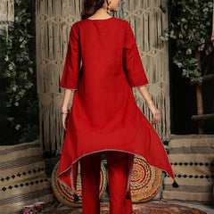 Gulmohar Jaipur Rayon Knee Length Solid 3/4 Sleeve Round Neck Asymmetrical Kurta Suit Set