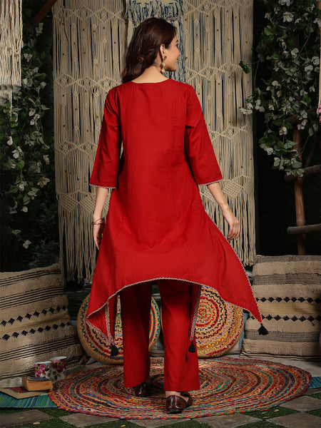 Gulmohar Jaipur Rayon Knee Length Solid 3/4 Sleeve Round Neck Asymmetrical Kurta Suit Set