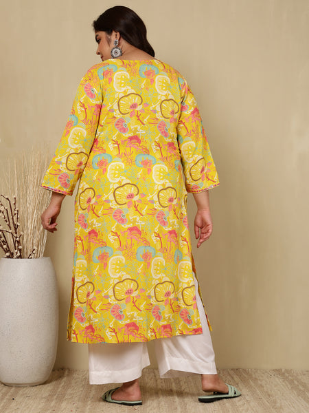 Rayon Calf Length Printed Straight 3/4 Sleeves V-Neck Kurta