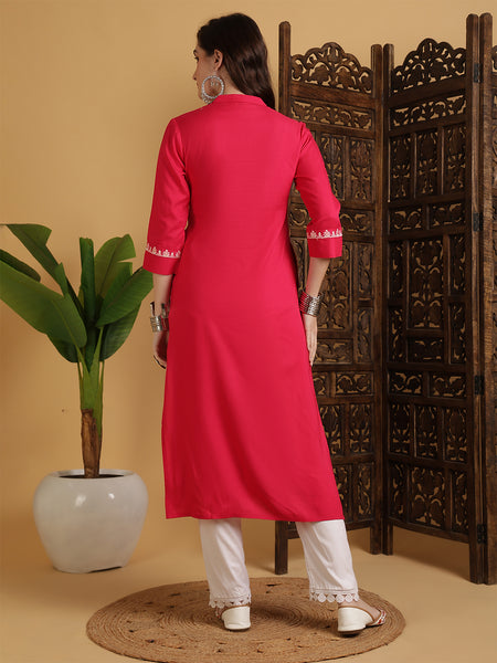 Coral Rayon Embroidered Calf Length Solid Straight V-Neck Kurta