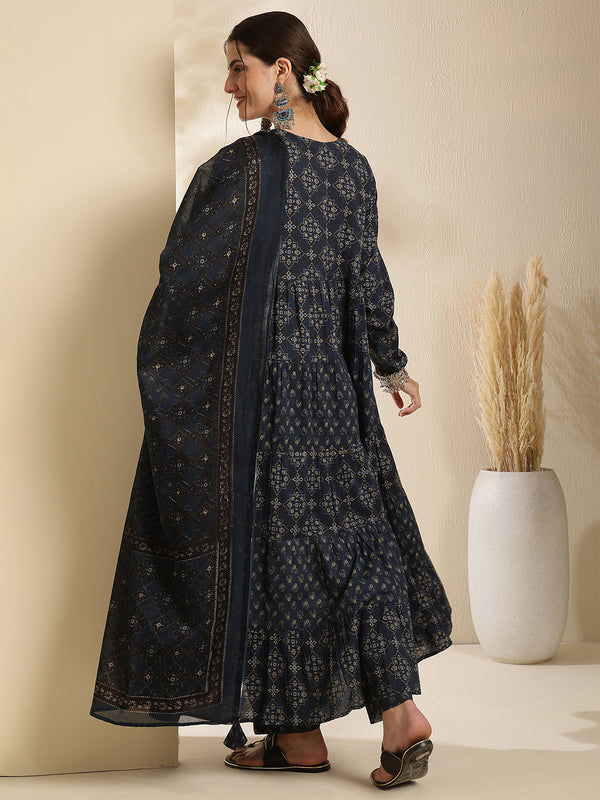 Maroon Pure Cotton Printed Keyhole Neck Anarkali Kurta Suit Set