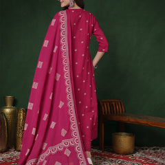 Rayon Calf Length Printed 3/4 Sleeves Round Neck Semi-Flared Kurta Suit Set
