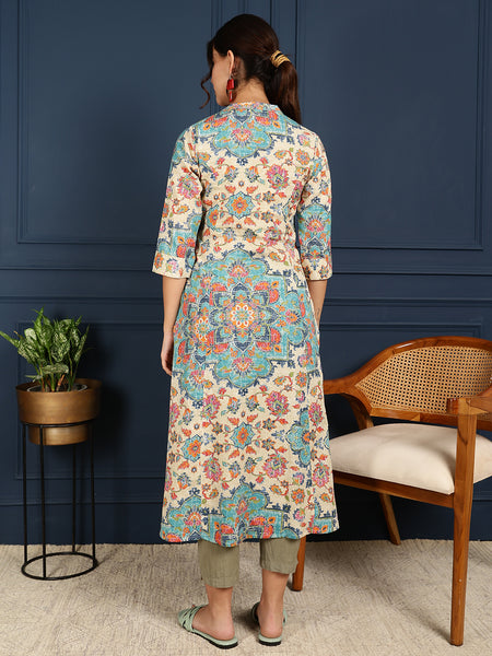 Blue Cotton Flex Calf Length Printed Mandarin Coller A-Line Kurta