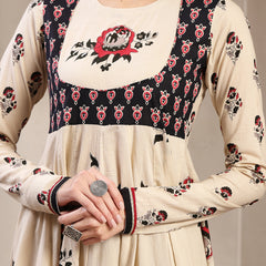 Cotton Calf Length Printed Full Sleeve Round Neck Flared Kurta