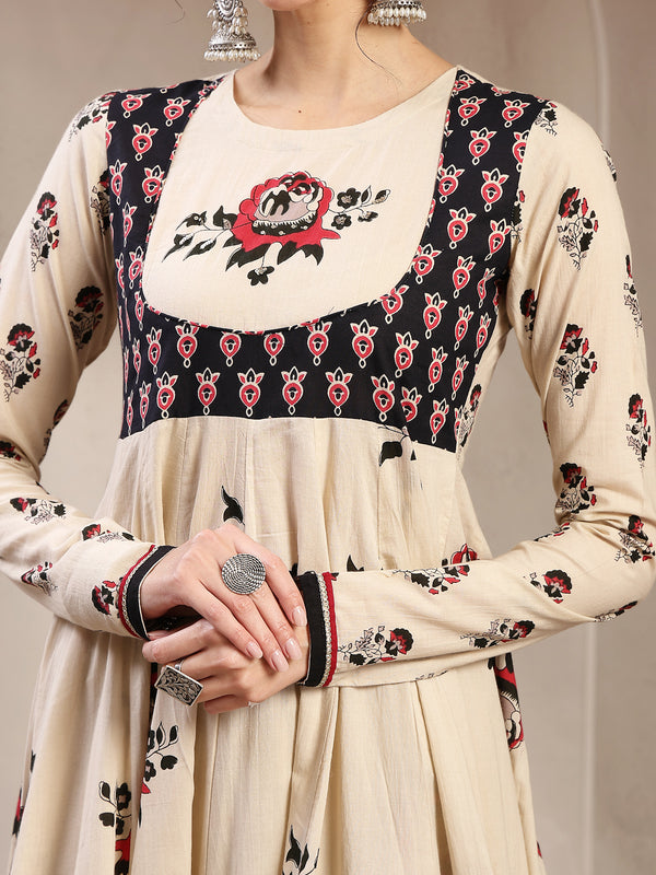 Cotton Calf Length Printed Full Sleeve Round Neck Flared Kurta