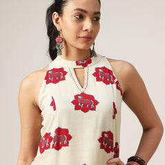 Rayon Calf Length Printed Sleeveless Round Neck Asymmetrical Dress