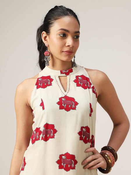 Rayon Calf Length Printed Sleeveless Round Neck Asymmetrical Dress