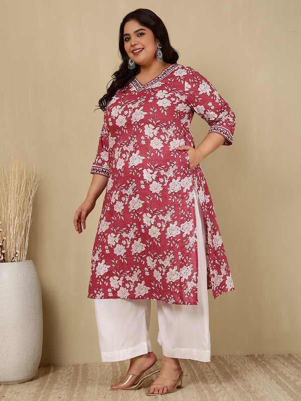 Cotton  Calf Length Printed Straight 3/4 Sleeves V-Neck Kurta