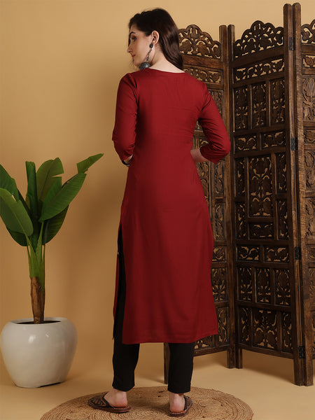 Maroon Rayon Embroidered Calf Length Solid Straight Round Neck Kurta