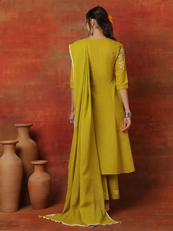 Lime Rayon Solid Hand-Work Round Neck Semi-Flared Kurta Suit Set