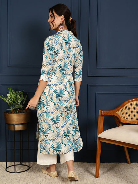 Green Cotton Flex Calf Length Printed Shirt Coller Straight Kurta