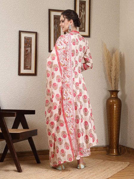 Pink Cotton Calf Length Printed V-Neck Anarkali Kurta Suit Set