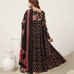 Cotton Calf Length Printed Full Sleeve V-Neck Flared Kurta Suit Set