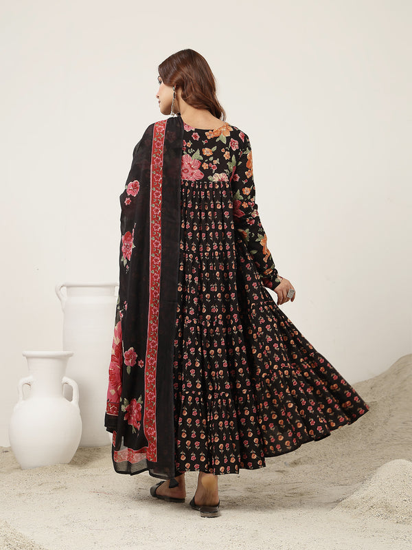 Cotton Calf Length Printed Full Sleeve V-Neck Flared Kurta Suit Set