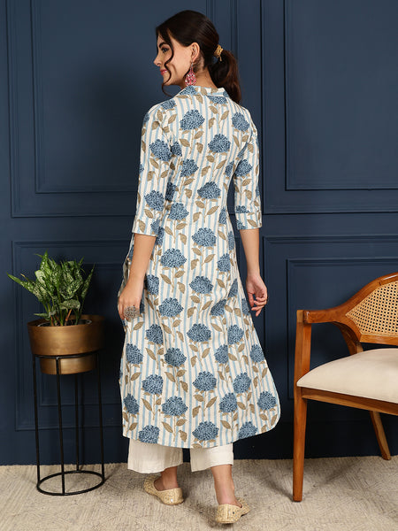 Blue Cotton Flex Calf Length Printed Shirt Coller Straight Kurta