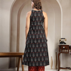 Cotton Calf Length Printed Sleeveless Round Neck Flared Kurta Suit Set