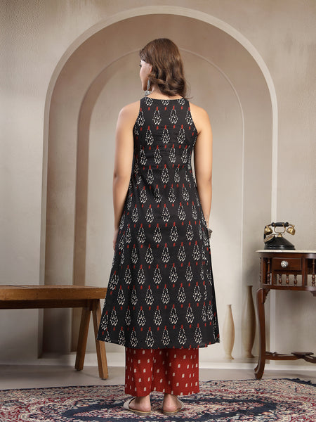 Cotton Calf Length Printed Sleeveless Round Neck Flared Kurta Suit Set