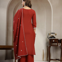 Cotton Calf Length Solid 3/4 Sleeve V-Neck Straight Kurta Suit Set