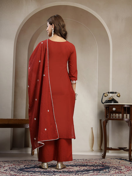 Cotton Calf Length Solid 3/4 Sleeve V-Neck Straight Kurta Suit Set