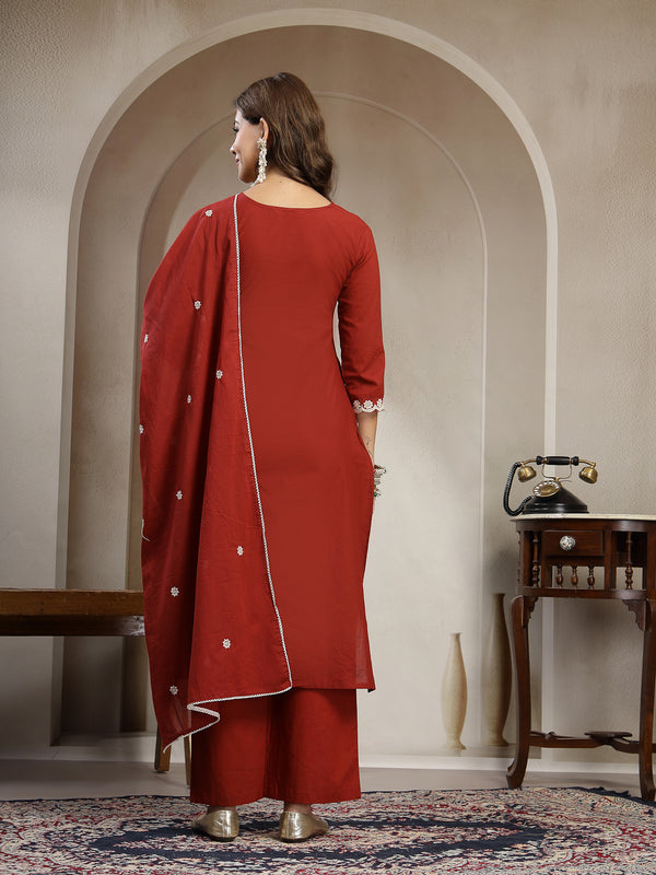 Cotton Calf Length Solid 3/4 Sleeve V-Neck Straight Kurta Suit Set