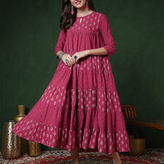 Cotton Calf Length Printed 3/4 Sleeves Key Hole Neck Flared Kurta