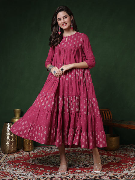 Cotton Calf Length Printed 3/4 Sleeves Key Hole Neck Flared Kurta