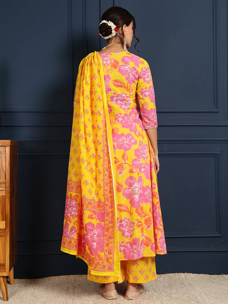 Yellow Cotton Calf Length Printed V-Neck Flared Kurta Suit Set