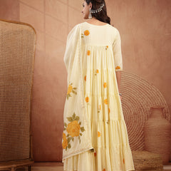 Gulmohar Jaipur Malmal Calf Length Printed 3/4 Sleeves Round Neck Anarkali Kurta Suit Set